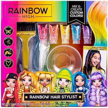 Rainbow High Rainbow Hair Stylist By Horizon Group USA, Includes 5 Vibrant Hair Coloring Gels, 3 Clip-In Extensions For Less-Mess, Mixing Bowl &amp; Brush, Temporary Hair Coloring For Kids, Multi