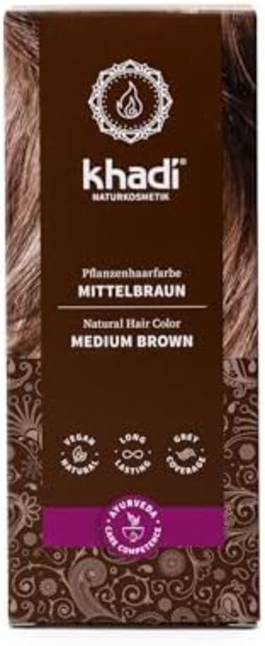 لون شعر طبيعي بني متوسط ​​من خادي، يستحضر لون بني متوسط ​​دافئ مع انعكاسات لامعة حريرية في شعرك، صبغة شعر نباتية 100%، طبيعية ونباتية، مستحضرات تجميل طبيعية معتمدة، 100 جرام