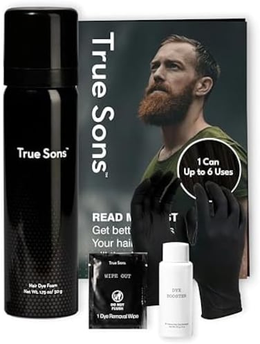 رغوة صبغ الشعر للرجال من ترو سونز - مظهر طبيعي - مجموعة صبغات متعددة الاستخدامات بدون جهد مع أداة توزيع فورية لتعزيز اللون، تركيبة خالية من الأمونيا للبشرة الحساسة، وصبغ شعر ولحية أبسط (بني أسود)