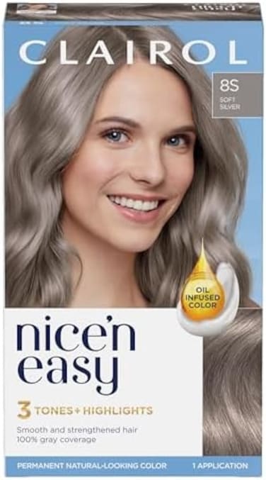Clairol Nice'N Easy Permanent Hair Dye, 8S Soft Silver Hair Color, 1 Count