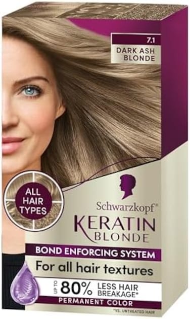 Schwarzkopf Keratin Color Permanent Hair Color Cream 7.1 Dark Ash Blonde, 1 Kit