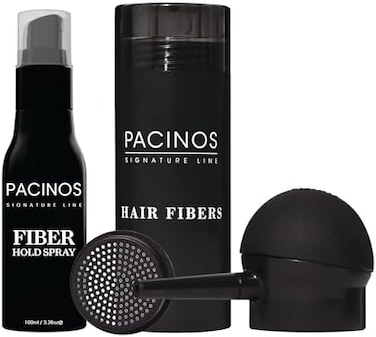 ألياف الشعر باتشينوس (أسود) - ألياف سميكة تحقق مظهرًا أكمل من خلال إخفاء الشعر الخفيف والبقع الصلعاء، وتتضمن فوهة مضخة توزيع المكياج