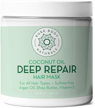 قناع الشعر بزيت جوز الهند، علاج عميق للشعر للشعر الجاف التالف والمعالج بالألوان، بلسم شعر خالٍ من الكبريتات، يرطب، ويصلح بواسطة Pure Body Naturals، 8.8 أونصة سائلة. أوز (يختلف التسمية)