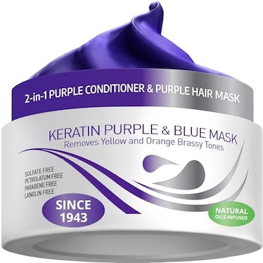 Keratin Purple Mask - Violet Blue Protein Deep Conditioner Treatment - Toner For Blonde Platinum Silver Gray Ash Or Brown Colored Dry And Damaged Brassy