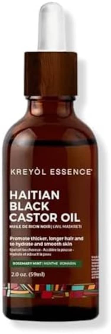 Krey&ograve;l Essence - Rosemary Peppermint Haitian Black Castor Oil For Skin And Hair, 2 Oz Glass Bottle - Rosemary Oil, Organic, Hexane Free, Natural Humectant, Hair Growth.