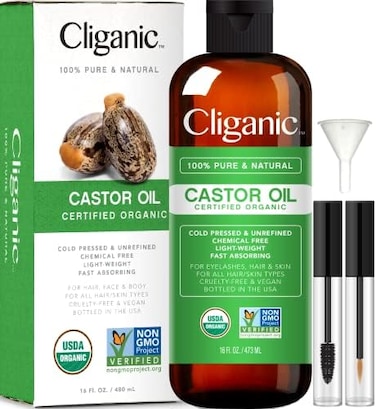 Cliganic (473ml) - Usda Organic Castor Oil, 100% Pure (473ml With Eyelash Kit) - For Eyelashes, Eyebrows, Hair &amp; Skin Bulk, Natural Cold Pressed Unrefined Hexane-Free Diy Carrier Oil