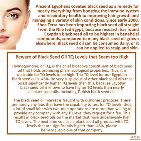 Shea Terra Organics Egyptian Black Seed Cold Pressed Extra Virgin Oil, All Natural &amp; Oil To Boost Immune System, Improve Hair Growth &amp; Skin Tone, Manage Dry Skin, &amp; More - 8 Oz