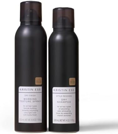مجموعة تصفيف الشعر الجاف من كريستين إيس - بخاخ شامبو جاف بفيتامين سي + بخاخ تثبيت خفيف - يزيد من كثافة الشعر ويمتص الزيوت ويعزز اللمعان للشعر الداكن والبني والأشقر - خالٍ من الكبريتات