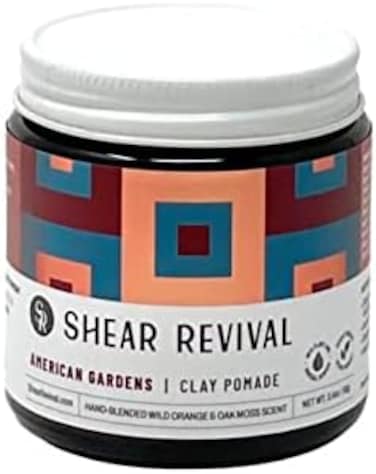 Shear Revival American Gardens Clay Pomade, Matte Paste Professional Hair Styling Wax Strong Hold Molding Sculpting Aloe Based Formula Fullness &amp; Texture Slick Back Look Wild Orange &amp; Oakmoss 3.4Oz