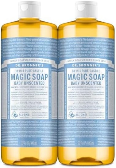 Dr. Bronner&rsquo;S - Pure-Castile Liquid Soap (Baby Unscented, 32 Ounce, 2-Pack) - Made With Organic Oils, 18-In-1 Uses: Face, Hair, Laundry And Dishes, For Sensitive Skin And Babies, No Added Fragrance