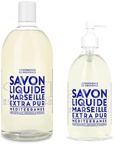 صابون سائل نقي للغاية من كومباني دي بروفانس سافون دي مرسيليا - البحر الأبيض المتوسط ​​- زجاجة مضخة زجاجية سعة 16.9 أونصة سائلة وزجاجة بلاستيكية قابلة لإعادة التعبئة سعة 33.8 أونصة سائلة