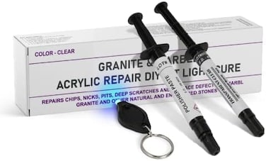 مجموعة إصلاح الجرانيت والرخام والكوارتز والأكريليك (شفافة/شفافة) - مناسبة لمعظم الإصلاحات، كما أنها مناسبة لأسطح البلاط والكونترتوب والألياف الزجاجية والسيراميك
