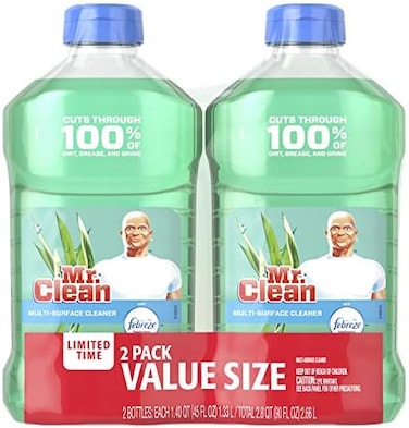 Mr. Clean Liquid All Purpose Multi-Surface Cleaner, Meadows And Rain With Febreze Freshness - 45 Ounce Each Bottle (Pack Of 2) (Total 90 Fl Oz)