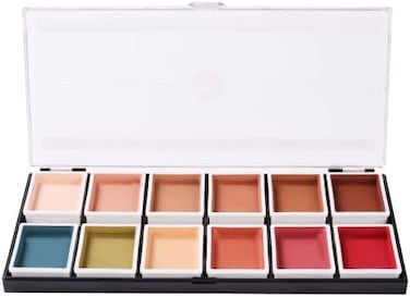 لوحة ألوان من ١٢ لونًا منشّطة بالكحول، مع غطاء وشم، ومكياج احترافي عالي الصبغة للأفلام والمسرح والتلفزيون