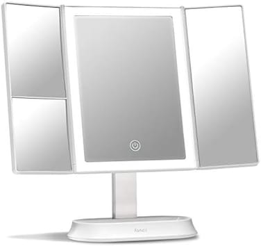 Fancii Trifold Makeup Mirror With Natural LED Lights, Lighted Vanity Mirror With 5X &amp; 7X Magnifications - 58 Dimmable Lights, Touch Screen, Cosmetic Stand (Sora)