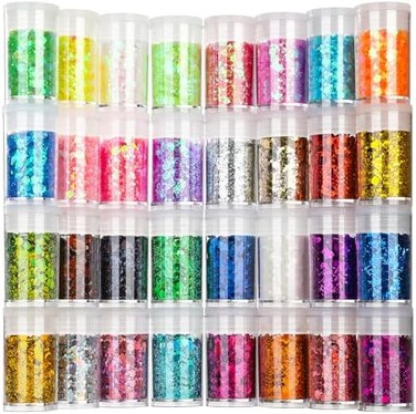 مزيج لامع مكتنز وناعم للمهرجان، 32 لونًا من الترتر المكتنز ومزيج مسحوق لامع ناعم، رقائق لامعة قزحية، مستحضرات تجميل للوجه والجسم وشعر العين والأظافر من الراتنج بهلوان بريق فضفاض