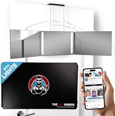 The 360 Mirror - 3 Way Mirror For Self Hair Cutting - Adjustable Trifold Barber Mirror To Cut Your Own Hair - Tri Fold Self Haircut System For Men - Three Sided Mirror For Haircuts (With Led)