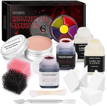 Halloween Liquid Latex Special Effects Sfx Makeup Kit - Scar Wax + 2 Btl Liquid Latex + 2 Btl Fake Blood + Spatula Tool + 2Pcs Stipple Sponge + 4Pcs Makeup Sponges + Cotton Swabs