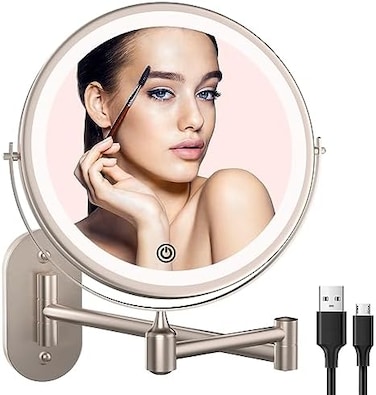 مرآة مكياج مضيئة قابلة لإعادة الشحن مثبتة على الحائط مقاس 8 بوصات 1X/10X مرآة مكبرة مع 3 أضواء ملونة، مرآة حمام مزدوجة الجوانب مع أضواء LED خافتة، فرشاة حلاقة مضيئة من النيكل