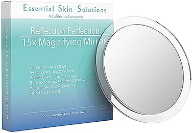 مرآة مكبرة 15 مرة - تستخدم لوضع المكياج - الملقط - وإزالة الرؤوس السوداء/العيوب - مرآة مستديرة مع ثلاثة أكواب شفط لسهولة التركيب، 6 بوصة