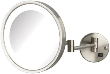 Jerdon Lighted Makeup Mirror Wall Mounted Makeup Mirror With 5X Magnification And Wall Mount Arm, 9.5" Diameter Mirror With Nickel Finish Wall Mount, Direct Wire, Hl1016Nld