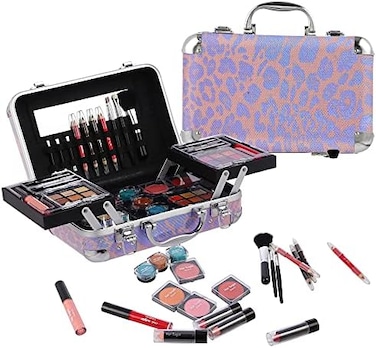 Hot Sugar All In One Makeup Set For Adults And Girls - Full Makeup Kit For Beginners With Eye Shadow Palette, Blush, Lip Gloss, Brush, Mirror (Pink Leopard)