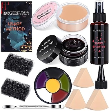 Bobisuka Special Effects Sfx Halloween Makeup Kit - 5 Colors Bruise Makeup Face Body Painting Palette + Scar Wax With Spatula Tool + Liquid Fake Blood + Fake Blood Cream + Stipple Sponges