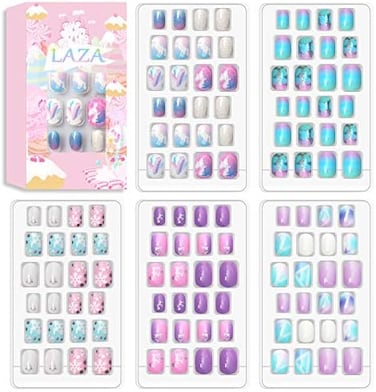 Laza (120 Count (Pack Of 1), Silver Pearl) - 120Pcs Children Nails Press On Pre-Glue Full Cover Nail Tips Kit Glitter Gradient Colour Rainbow Short Artificial False Nail Kits Lovely Christmas Gift ...
