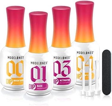 Modelones Dip Powder Liquid Set 4+4 Pcs, Dip Powder System Set With Base Coat/Top Coat/Activator/Brush Saver/Manicure Tools For Nail Kit Art Diy Salon - 15ml/0.5Oz