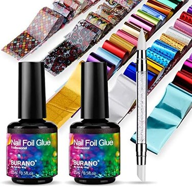 Burano Nail Art Foil Glue Gel, 15ml 2 Bottles With 60Pcs Starry Sky Star Foil Stickers, Nail Transfer Tips Manicure Art Uv LED Lamp Required&acirc;&acirc;&sbquo;&not;&brvbar;