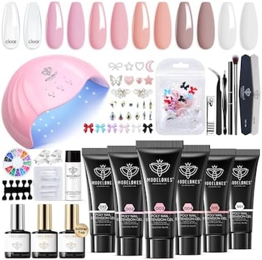 طقم أظافر جل تمديد بولي من موديلونز - جل أظافر لتعزيز الأظافر مع مصباح أظافر LED بقوة 48 وات، 6 ألوان وردية عارية، محلول انزلاقي، أحجار الراين اللامعة، مجموعة شاملة، مجموعة مانيكير للمبتدئين
