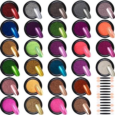 Duufin 28 Colors Chrome Nail Powder Metallic Chrome Powder For Mirror Effect Nails Art Decoration With 28 Pcs Eyeshadow Sticks, 1G/Jar
