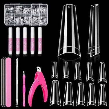 Morgles Clear Acrylic Nail Tips, 500 Pcs Coffin Nails Clear Fake Nails Half Cover French False Nail Tips With Glues 1Pc Nail Clipper Cuticle Pusher And Fork,3Pcs Nail Files With Case