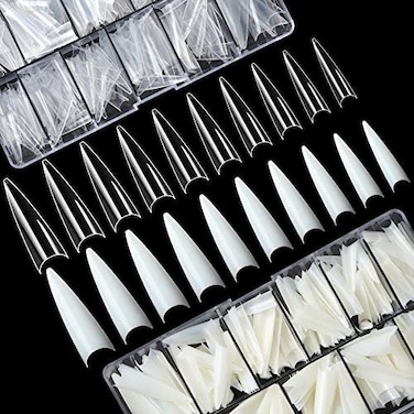 Febsnow 1000Pcs Long Stiletto Nail Tips Acrylic Nails Artificial Half False Flake Nail Tips 10Sizes With Clear Plastic Cases For Nail Salon Nail Shop Diy Nail Art Ballerina Nails (Clear+Natural)