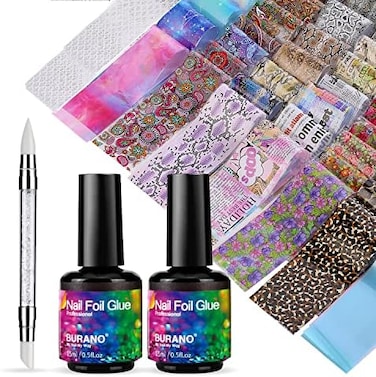 Burano Nail Foil Glue Gel, 15ml 2 Bottles With 100Pcs Foil Sticker Nails Foils Adhesive And Rubber Nail Push Pen For Designer Transfer Gel Polish