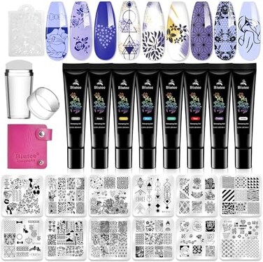 Nail Stamper Kit Nail Art Stamping Plate Kit With 8 Stamping Polish Gel 12 Stamp Stencil Plate 1 Clear Silicone Stamper Scraper Design Template Tool Supplies Set For Holiday (Storage Bag)