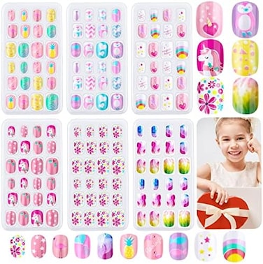Thrilez 144 Pieces Kids Press On Nails Grils, Children Fake Nails Artificial False Nail Tips Pre Glue Full Cover Short Acrylic Nails For Girls Kids Nail Art Decoration (Rainbow Sky)