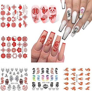 Chinese Character Dragon Nail Stickers 5 Pcs Panda Flame Tai Chi Chinese Knot Design Nail Decals Water Transfer Diy Nail Art Wraps Manicure Tips Decorations