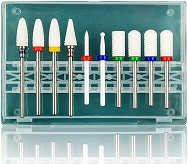 Feecy Nail Drill Bits Set Ceramic For Acrylic Nails Gel Polish Professional, 3/32 Inch Efile Nail Drill Bits Kit For Cuticle Safety Barrel Nail Art Tools With Holder, 10Pcs (S10-C)