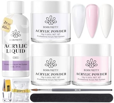 Born Pretty Acrylic Nail Kit - Acrylic Powder (Clear, White, Pink) &amp; Liquid Set With Nail Forms, Brush Pen, File &amp; Glass Container - Beginner Friendly