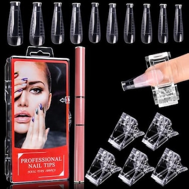 100 قطعة من أشكال الأظافر المزدوجة على شكل حرف T، مجموعة أدوات تطويل الأظافر من الأكريليك المزدوج مع فرشاة جل مزدوجة الأطراف ومنتقي 5 قطع من أطراف الأظافر لبناء الجل السريع (شكل T)