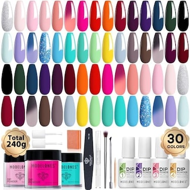 مجموعة أدوات الأظافر المكونة من 42 قطعة من Modelones، 30 لونًا لجميع المواسم، نظام مسحوق الغمس الشائع العصري، مجموعة أساسية مع مجموعة سوائل غمس لصالون تجميل الأظافر الفرنسي بنفسك