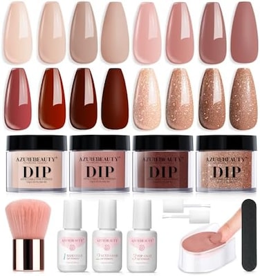 Dip Powder Nail Kit Starter, 4 Colors Skin Nude Brown Glitter, Acrylic Dipping Powder Liquid Set With Base/Top Coat Activator For Daily French Nail Art Manicure Diy Gift 12 Pcs