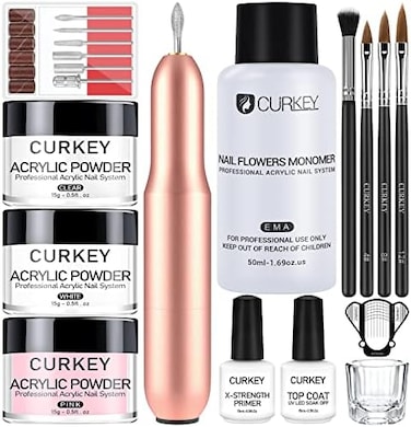 مجموعة أظافر أكريليك من كيركي مع مثقاب - مسحوق أكريليك ومجموعة سائل مونومر احترافية مع مثقاب أظافر أكريليك وطبقة علوية ومجموعة طبقة أساسية للمبتدئين مع كل شيء وصلات الأظافر في الفن المنزلي