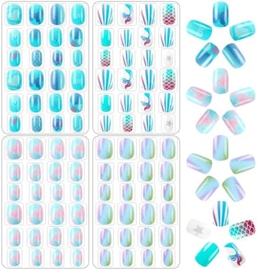 Janyun 96 Pcs Kids False Nail Press On Nails Kids Full Cover Short False Nails Children Nail Tips Lovely Gift For Kids Little Girls Nail Art Decoration (Blue Theme)