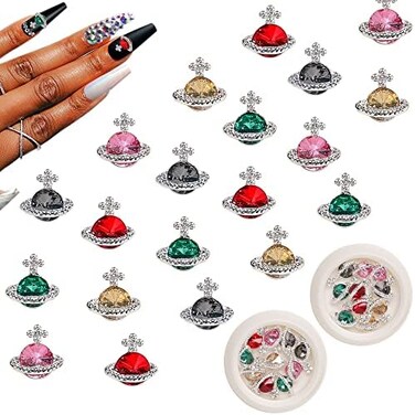 Nail Charms,20 Pcs Planet Nail Charms For 3D Nail Art Decoration,Saturn Shape Chrome Nail Charms 3D Planet Nail Rhinestone Crystals Diamond Charms,5 Colours (Planet)