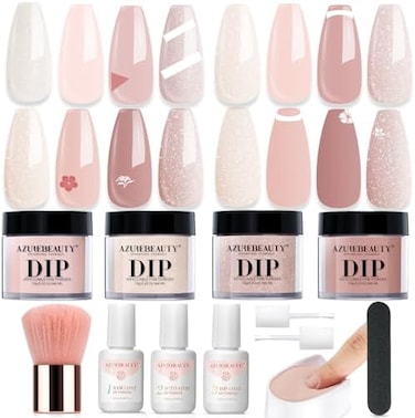 Azurebeauty Dip Powder Nail Kit, 4 Colors Dipping Powder Nude Skin Glitter System Liquid Set Recycling Tray, French Nail Art Base &amp; Top Coat Activator Diy Salon.