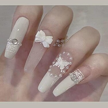 Nail Apparel Valentines Long White Press On Creamy White Butterfly Lace Pearl Bow Diamond Coffin Fake 24 Pcs