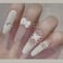 Nail Apparel Valentines Long White Press On Creamy White Butterfly Lace Pearl Bow Diamond Coffin Fake 24 Pcs