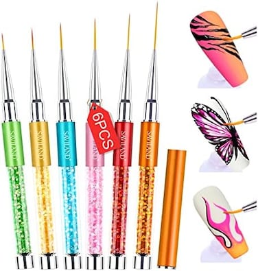 Saviland 6Pcs Nail Art Liner Brushes Set - Nail Gel Polish Painting Nail Design Brush Pen Set With Crushed Diamond Rhinestones Handle For Pulling Lines, Nail Art Design, Sizes 7/9/11/13/17/23 Mm
